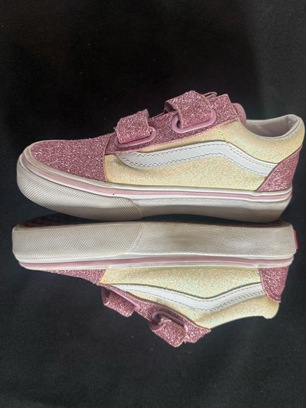 Vans Kids Glitter Pink and Yellow Velcro Low-Top Sneakers
